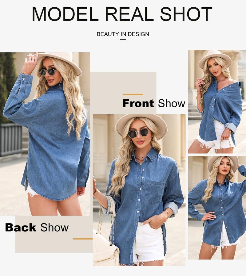 Astylish Womens Blouses and Tops Dressy Denim Shacket Shirt V Neck Versatile Long Sleeve Button Down Cowboy Jacket Beau Blue Small - Image 4