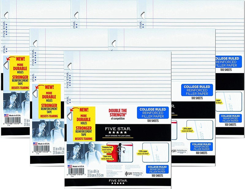 Five Star Reinforced Filler Paper, College Rule, 11 x 8 1/2, White, 100 Sheets (Pack of 6) - Image 1
