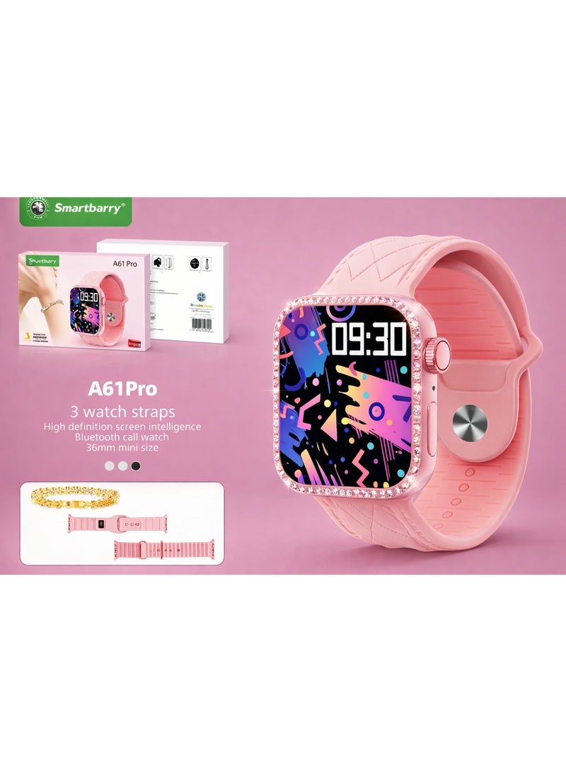 A61 Pro Bluetooth Calling Smartwatch with Bracelet – HD Screen, Mini Size, 3 Straps, Pink
