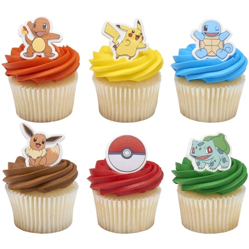DecoPac Pokémon Rings, Cupcake Decorations With Pikachu, Bulbasaur, Eevee, Charmander, Squirtle, and Poké Ball, Multicolored Food Safe Cake Toppers – 24 Pack - Image 1