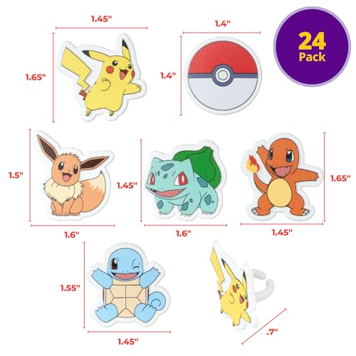 DecoPac Pokémon Rings, Cupcake Decorations With Pikachu, Bulbasaur, Eevee, Charmander, Squirtle, and Poké Ball, Multicolored Food Safe Cake Toppers – 24 Pack - Image 4