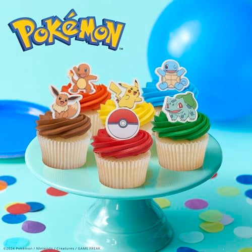 DecoPac Pokémon Rings, Cupcake Decorations With Pikachu, Bulbasaur, Eevee, Charmander, Squirtle, and Poké Ball, Multicolored Food Safe Cake Toppers – 24 Pack - Image 3