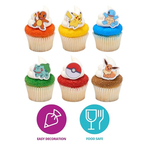 DecoPac Pokémon Rings, Cupcake Decorations With Pikachu, Bulbasaur, Eevee, Charmander, Squirtle, and Poké Ball, Multicolored Food Safe Cake Toppers – 24 Pack - Image 2