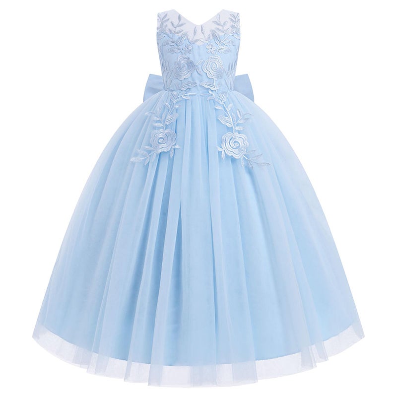 IDOPIP Flower Girl Lace Dress for Kids Wedding Bridesmaid Pageant Party Formal Long Maxi Gown Big Little Princess First Communion Birthday Prom Ball Bowknot Puffy Tulle Dresses Blue 13-14 Years - Image 1