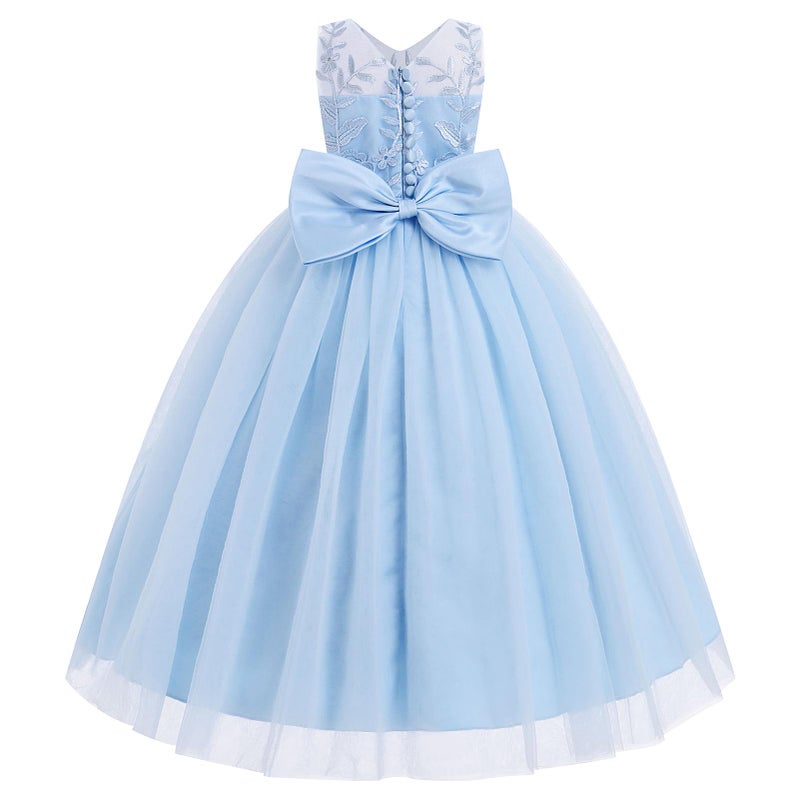 IDOPIP Flower Girl Lace Dress for Kids Wedding Bridesmaid Pageant Party Formal Long Maxi Gown Big Little Princess First Communion Birthday Prom Ball Bowknot Puffy Tulle Dresses Blue 13-14 Years - Image 4