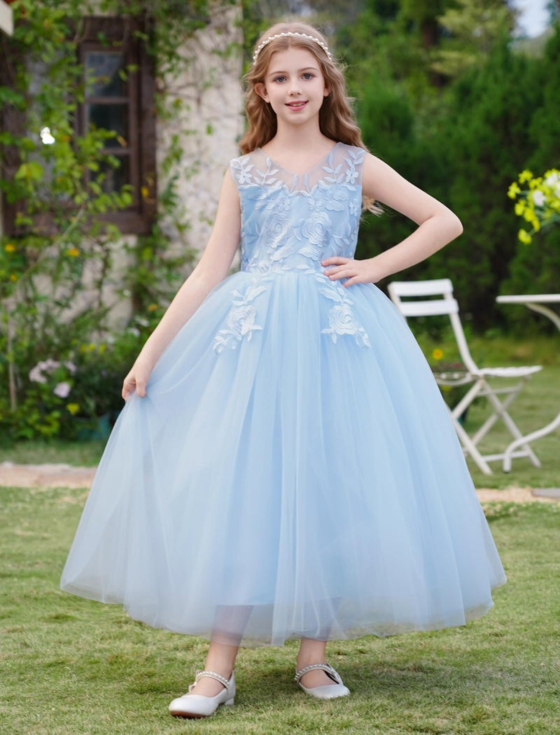 IDOPIP Flower Girl Lace Dress for Kids Wedding Bridesmaid Pageant Party Formal Long Maxi Gown Big Little Princess First Communion Birthday Prom Ball Bowknot Puffy Tulle Dresses Blue 13-14 Years - Image 2