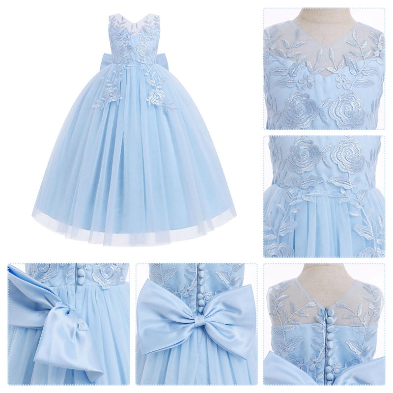 IDOPIP Flower Girl Lace Dress for Kids Wedding Bridesmaid Pageant Party Formal Long Maxi Gown Big Little Princess First Communion Birthday Prom Ball Bowknot Puffy Tulle Dresses Blue 13-14 Years - Image 5