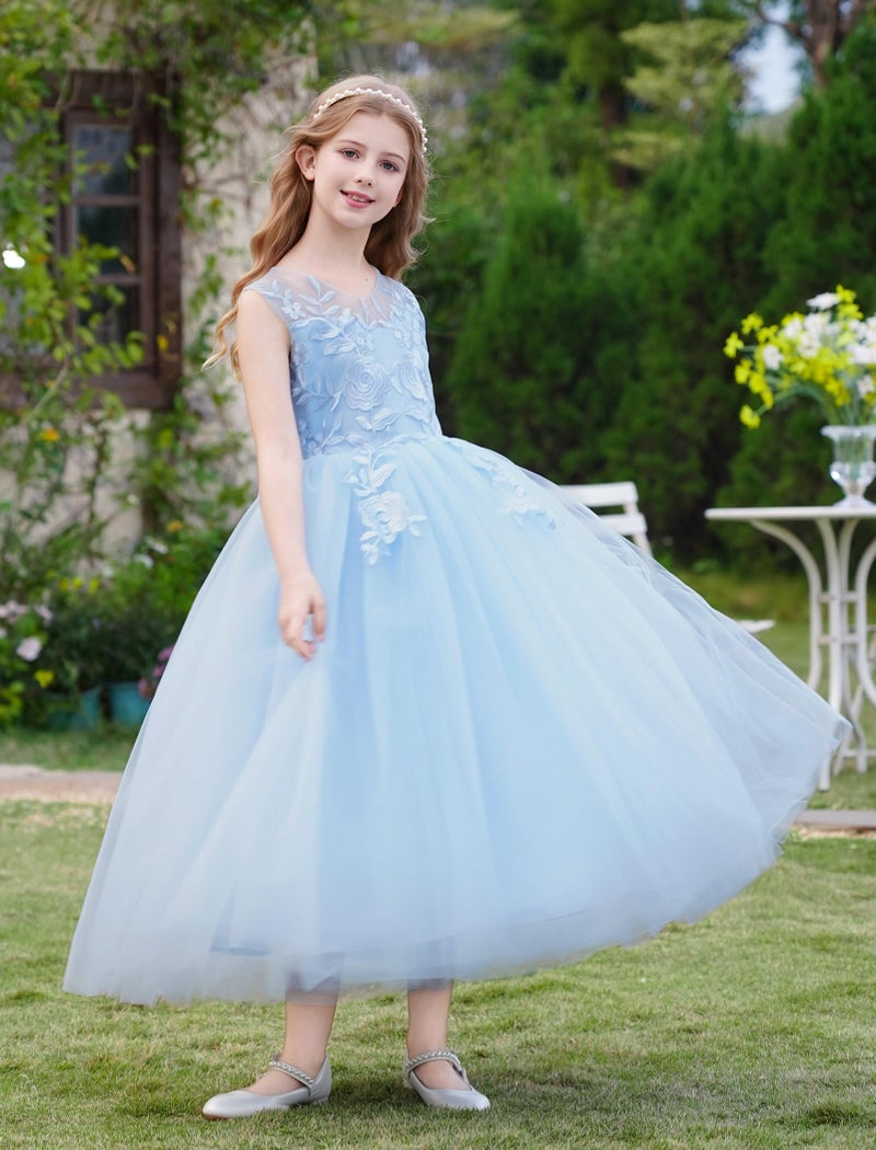 IDOPIP Flower Girl Lace Dress for Kids Wedding Bridesmaid Pageant Party Formal Long Maxi Gown Big Little Princess First Communion Birthday Prom Ball Bowknot Puffy Tulle Dresses Blue 13-14 Years - Image 3