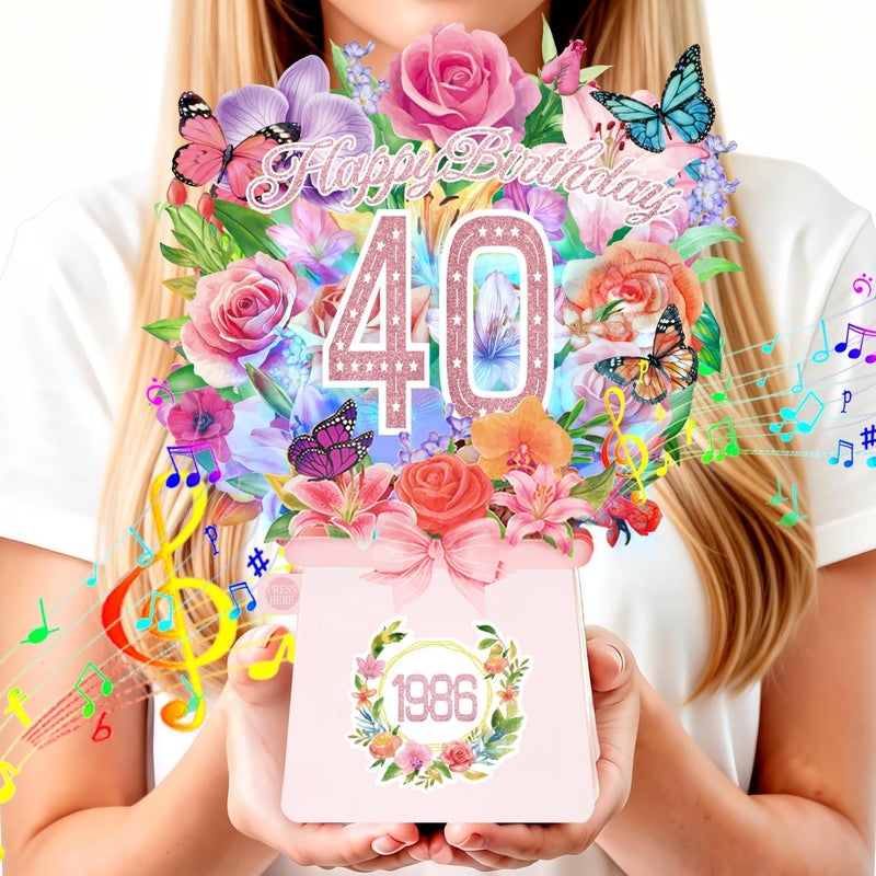 أولوسونغ بطاقات عيد الميلاد الأربعين، ضوء وموسيقى بطاقة عيد ميلاد سعيد 40، وردة زنبق أوركيد وفراشات، باقة زهور أبدية بحجم طبيعي 10 بوصة ثلاثية الأبعاد منبثقة، بطاقة هدية عيد ميلاد 1986 للنساء والزوجات والأمهات والبنات - Image 1