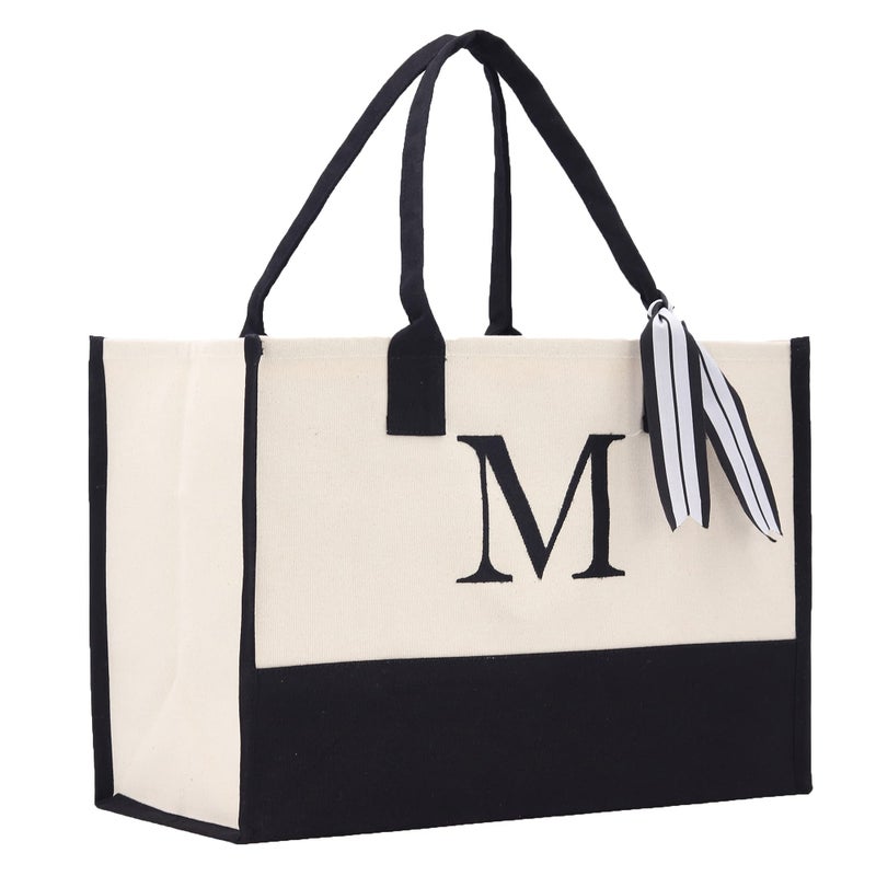VANESSA ROSELLA Monogram Tote Bag with 100% Cotton Canvas and a Chic Personalized Monogram (Black Block Letter - M) - Image 1