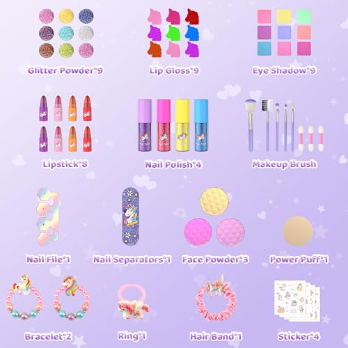 PERRYHOME Kids Makeup Set for Girls, 63 Pcs Washable Non-Toxic Real Cosmetic Toddler Makeup Kit, Unicorn Princess Play Makeup Toys Birthday Gifts, Dress up Time Girl Toys for 3 4 5 6 7 8 9 10 11 12 - Image 2