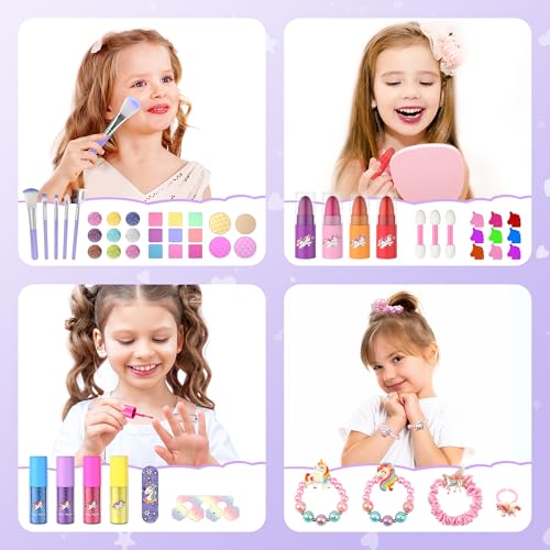 PERRYHOME Kids Makeup Set for Girls, 63 Pcs Washable Non-Toxic Real Cosmetic Toddler Makeup Kit, Unicorn Princess Play Makeup Toys Birthday Gifts, Dress up Time Girl Toys for 3 4 5 6 7 8 9 10 11 12 - Image 4