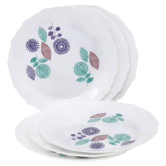 ROUND SERRATED EDGES DINNER PLATES WITH FLORAL PRINTED DESIGN FOR FAMILIES PARTIES UNBREAKABLE KID FRIENDLY MICROWAVE SAFE DISHWASHER SAFE SMALL GREEN SET OF 6