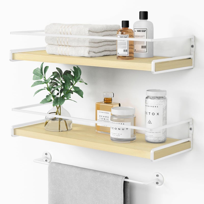 Forbena Floating Shelves for Wall with Rail, White and Natural Wood Nursery Book Shelves for Baby Girls Boys Kids Room Bedroom, Hanging Bookshelves Wall Mounted for Books, Toys, Bathroom (Set of 2) - Image 1