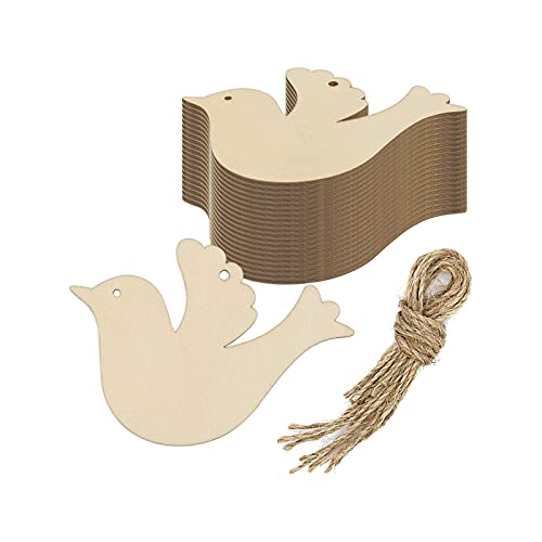 Creaides 20Pcs Bird Wood DIY Crafts Cutouts Wooden Dove Shaped Hanging Ornaments with Hole Hemp Ropes Wood Tags for Wedding Birthday Christmas Decorations