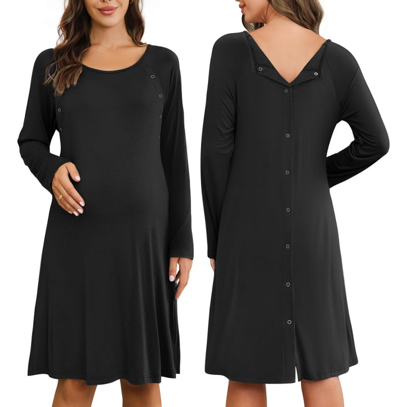 Ekouaer Women Maternity Nightgown Labor Delivery Nursing Gown Hospital Breastfeeding Dress Button Down Long Sleeve Sleepwear Black M - Image 1