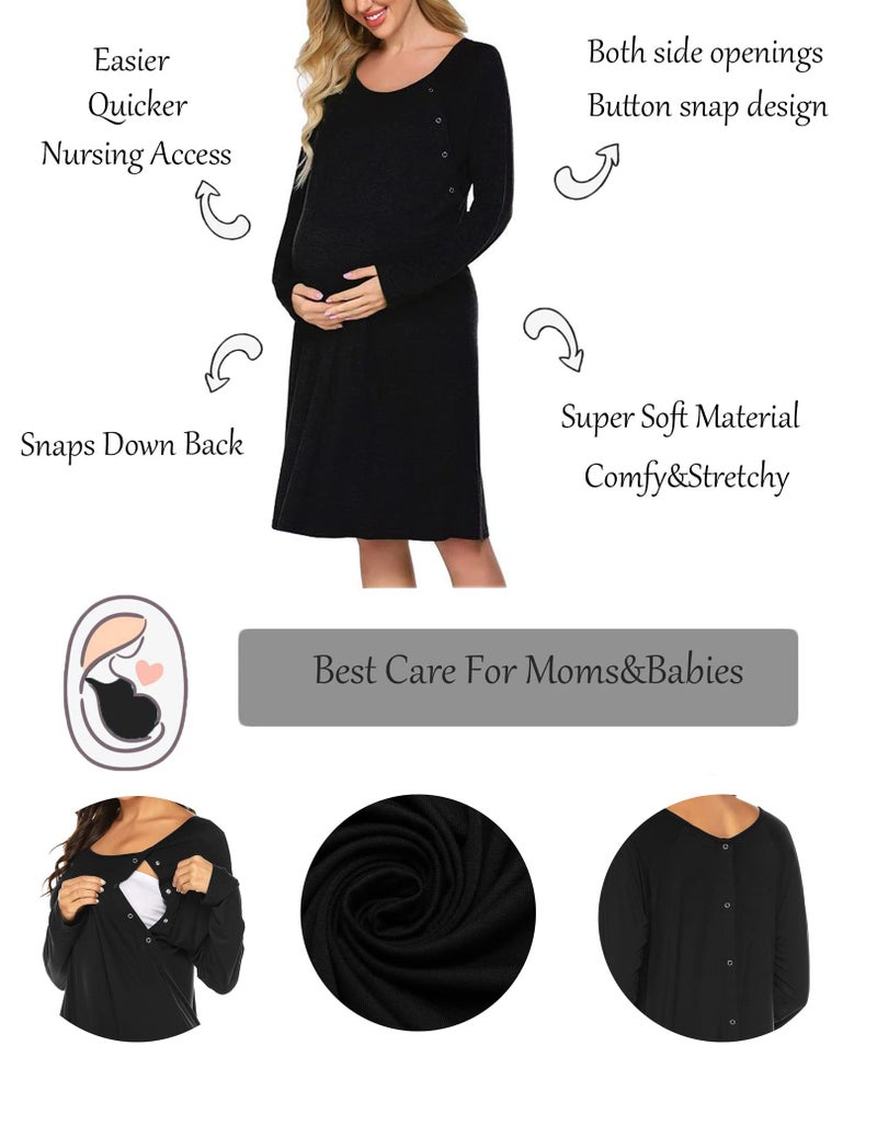 Ekouaer Women Maternity Nightgown Labor Delivery Nursing Gown Hospital Breastfeeding Dress Button Down Long Sleeve Sleepwear Black M - Image 2