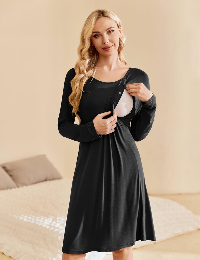 Ekouaer Women Maternity Nightgown Labor Delivery Nursing Gown Hospital Breastfeeding Dress Button Down Long Sleeve Sleepwear Black M - Image 3