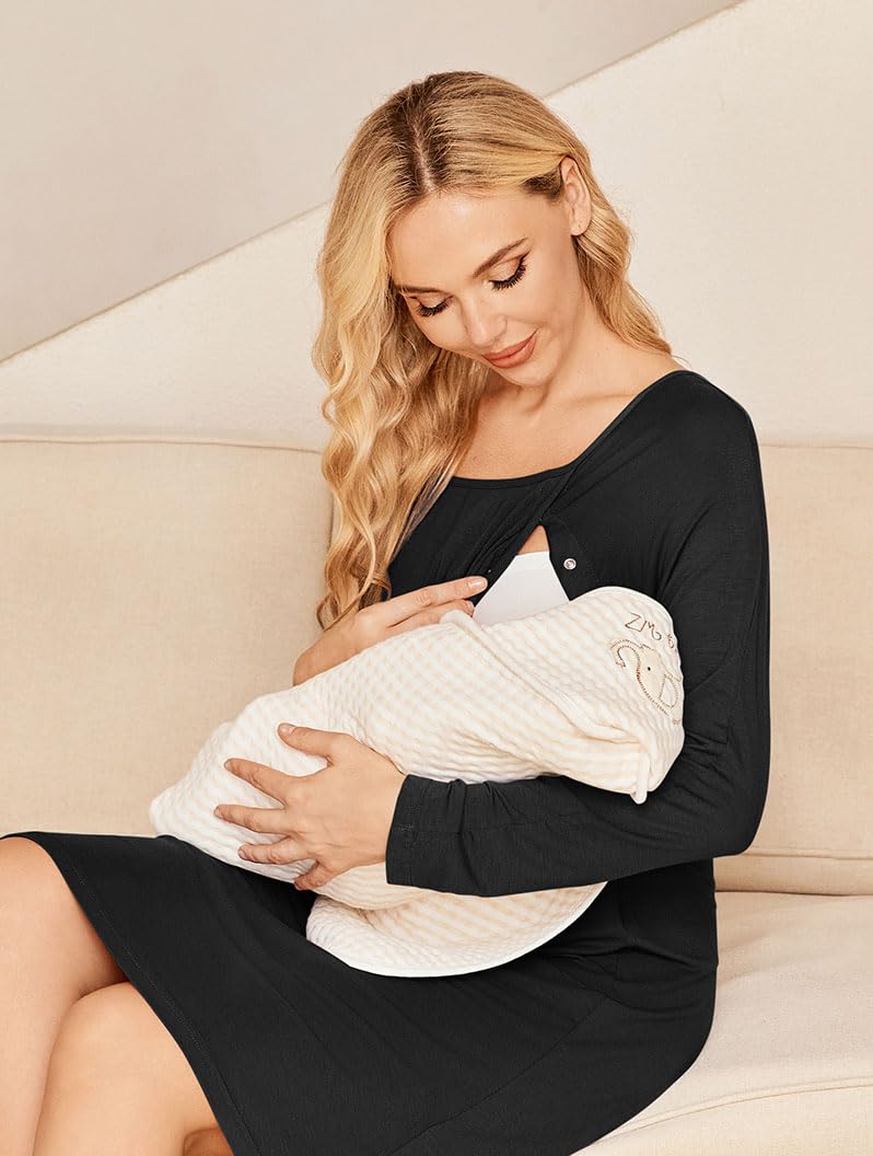 Ekouaer Women Maternity Nightgown Labor Delivery Nursing Gown Hospital Breastfeeding Dress Button Down Long Sleeve Sleepwear Black M - Image 4