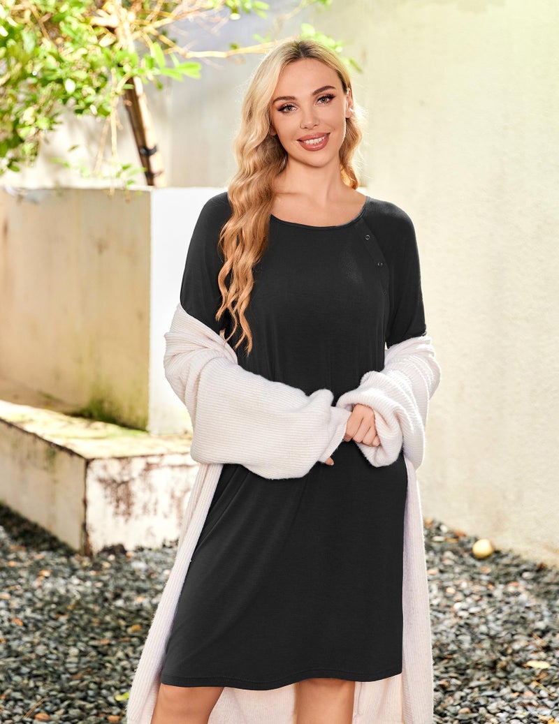 Ekouaer Women Maternity Nightgown Labor Delivery Nursing Gown Hospital Breastfeeding Dress Button Down Long Sleeve Sleepwear Black M - Image 5