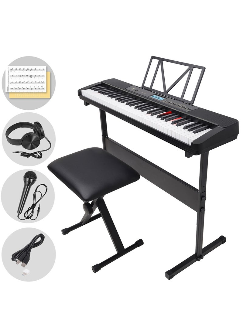 Mike Music 61-Key Lighted Piano Keyboard Support Smart App Teaching | USB-MIDI & OTG Connection | Velocity Simulation Piano Keys | Complete Beginner Kit with Stand, Stool, Sticker, Cable, Headphones & Microphone