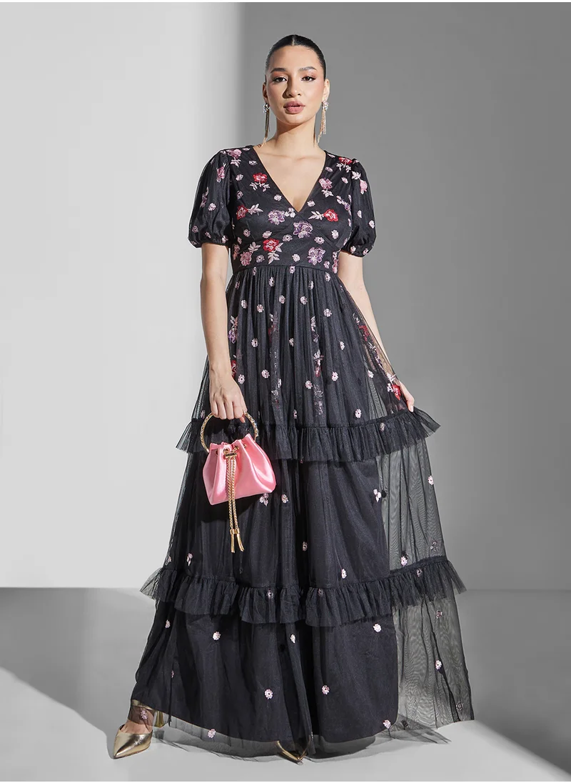 Maya Embroidered Puff Sleeve Ruffle Dress