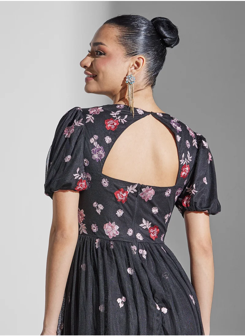Maya Embroidered Puff Sleeve Ruffle Dress