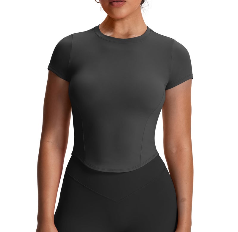 Aoxjox Womens Short Sleeve TShirts GEO Baby Tee Workout Gym Yoga Crop Top Without Builtin Bra Iron Grey Medium - Image 2