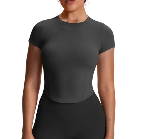 Aoxjox Womens Short Sleeve TShirts GEO Baby Tee Workout Gym Yoga Crop Top Without Builtin Bra Iron Grey Medium - Image 1