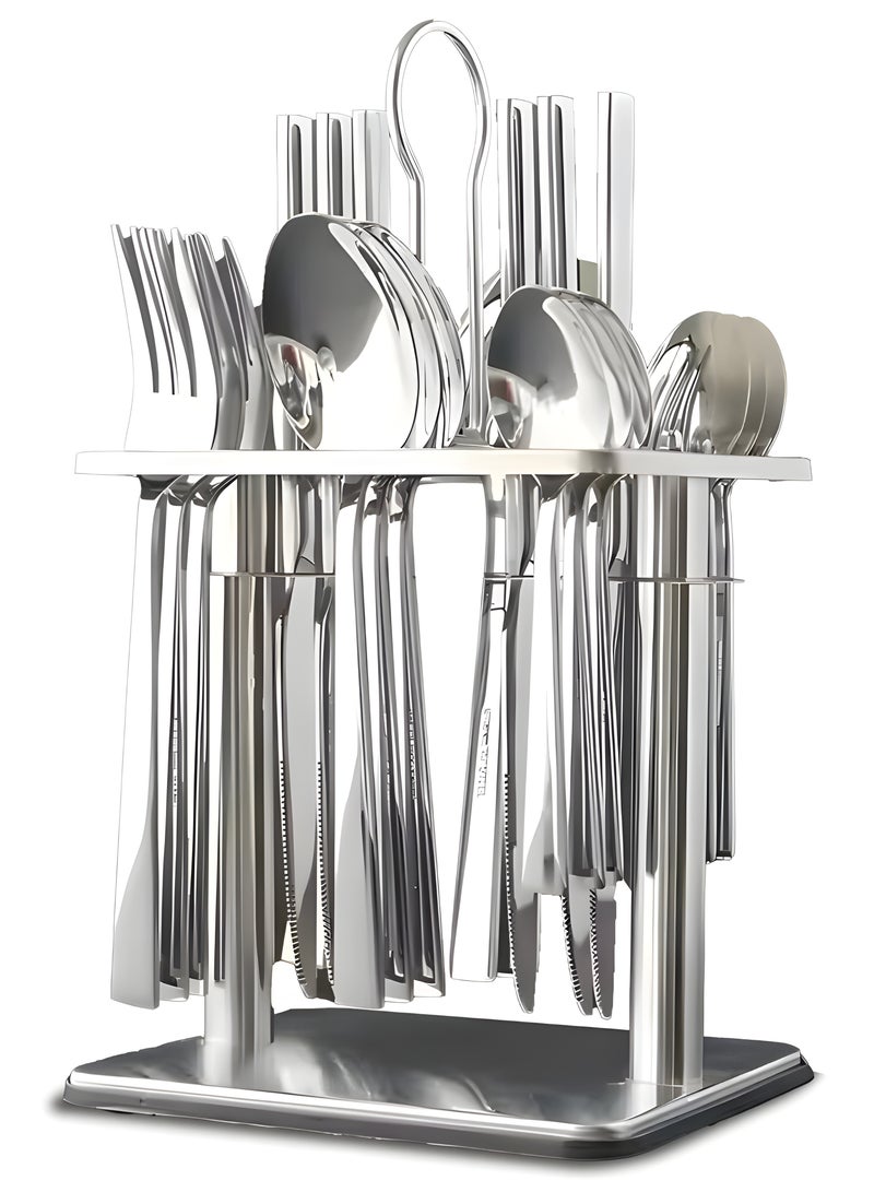 NextHIAS Stainless Steel Cutlery Set, 24-Piece Tableware with Space-Saving Stand, 6-Person Flatware Set Includes Steak Knives & Spoons, Dishwasher Safe for Home, Kitchen & Restaurants - Image 1