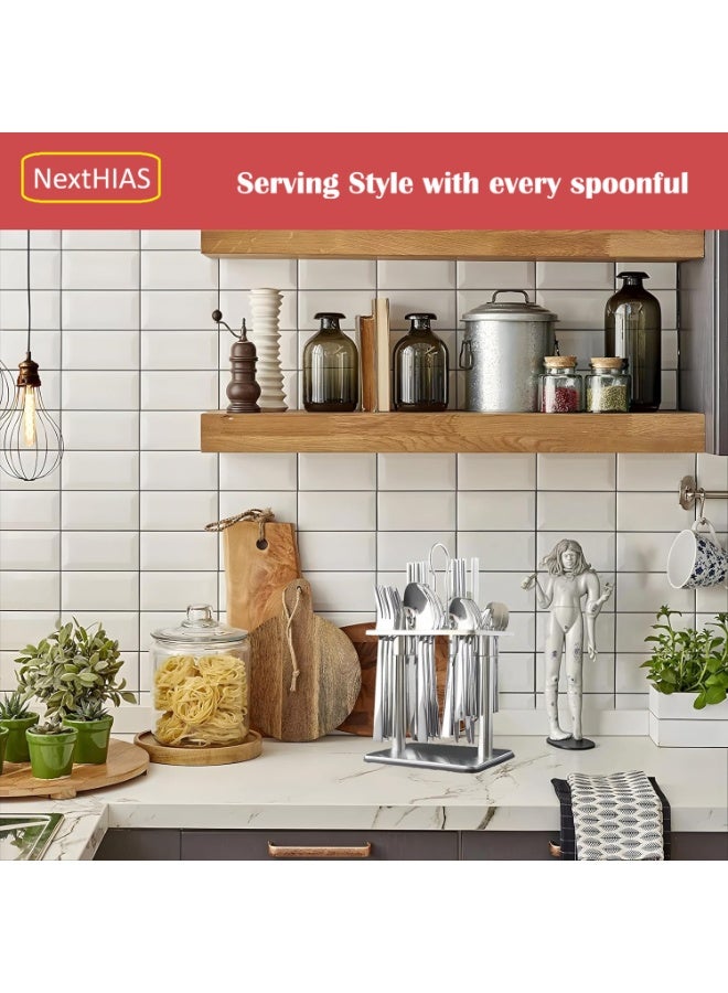 NextHIAS Stainless Steel Cutlery Set, 24-Piece Tableware with Space-Saving Stand, 6-Person Flatware Set Includes Steak Knives & Spoons, Dishwasher Safe for Home, Kitchen & Restaurants - Image 4