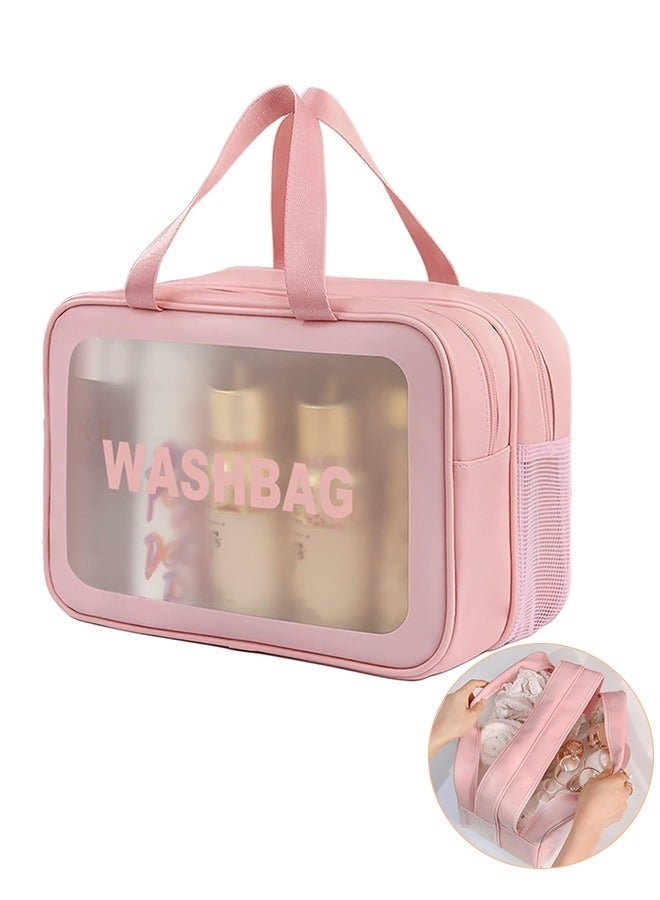 Waterprood Makeup Bag Travel Toiletry Bag for Women and Men, Matte Translucent Toiletry Bag with Handy Handle, Cosmetic Organizer Bag for Travel Toiletries Cosmetic Accessories (Pink) - Image 1