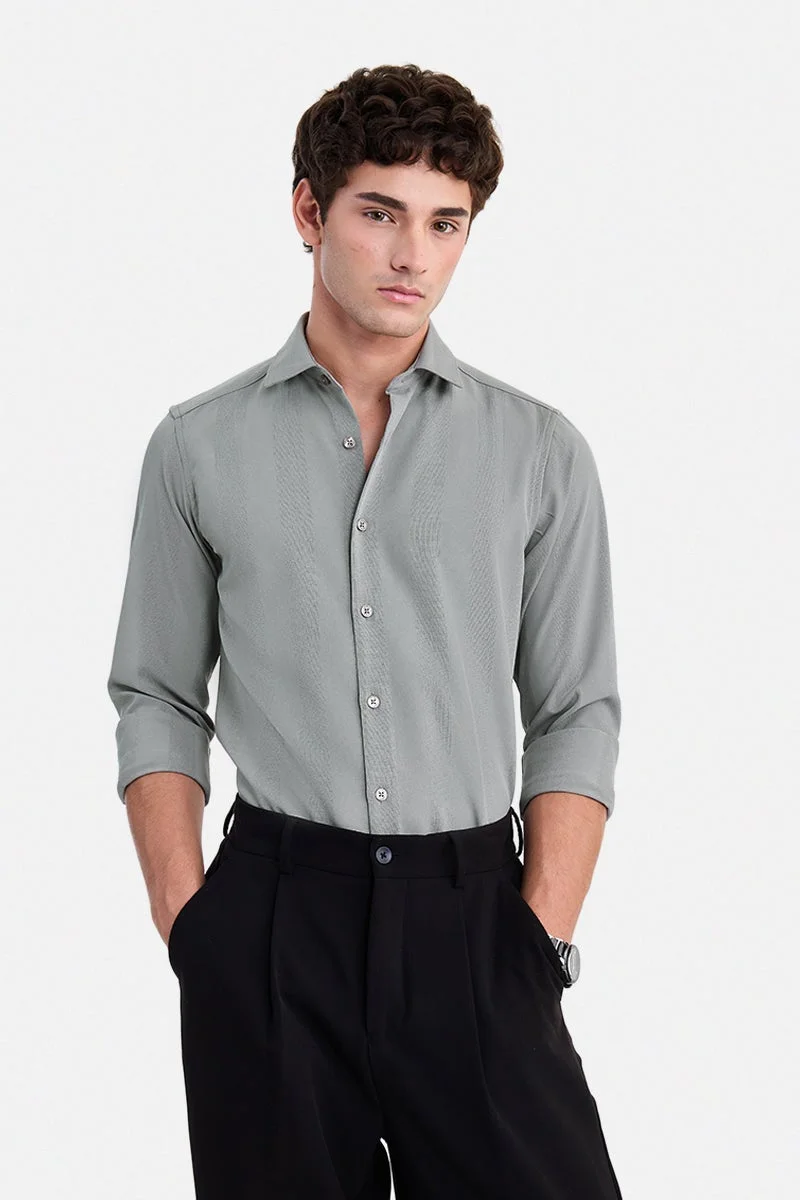 سنيتش Grey Textured Long Sleeve Slim Fit Shirt