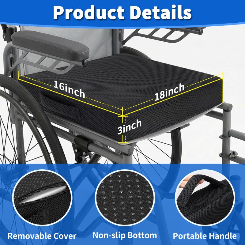 YOUFI Wheelchair Seat Cushion with Waterproof Layer Breathable Cover, High Rebound Memory Foam, Non-Slip Bottom and Handle, Chair Cushion for Sciatica and Pressure Relief - Image 4