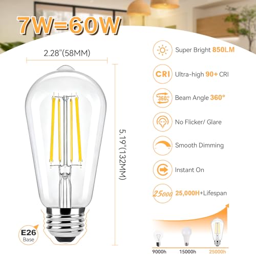 Brightever 6-Pack Dimmable LED Light Bulbs 60W Equivalent, Vintage Edison Light Bulbs, 2700K Warm White ST58 7W LED Bulb Super Bright 850LM, 90+CRI, Clear Glass Antique Decorative Filament Bulbs - Image 2