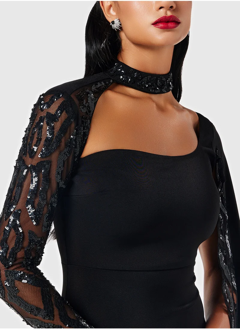 Threadz by Ajooni Embellished Mesh Cape Dress