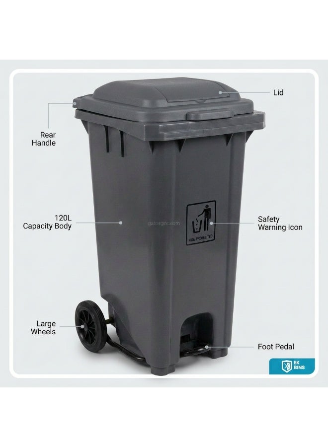 EK Bins Outdoor Garbage Bin | Functional Waste Bin | Durable Plastic Finish | Rubber-Wheeled & Mobile | Suitable For Outdoor Areas, Villas, Malls, Restaurants, & More | 120 Liters | Grey - Image 2