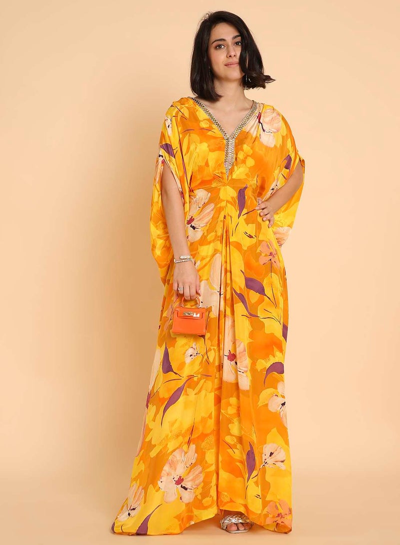 هانا آند سارا جلابية عربية صفراء زاهية بنقشة زهور - تصميم جلابية أنيق - Image 1