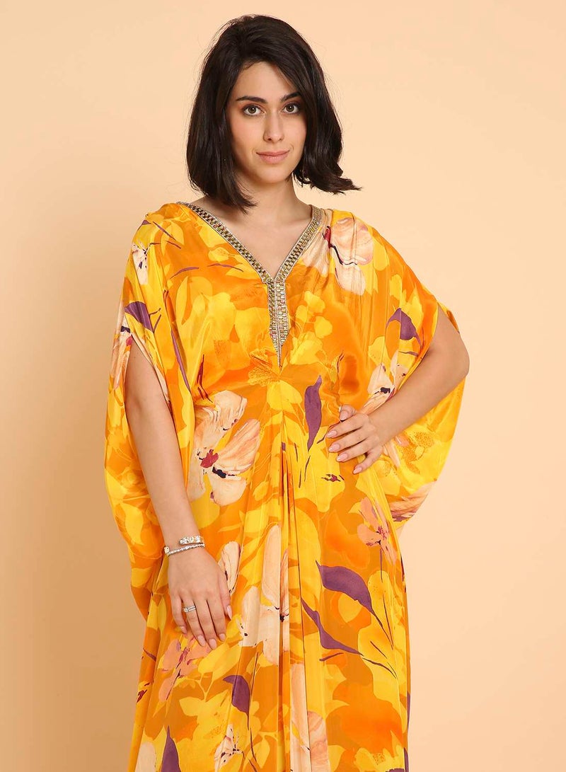 هانا آند سارا جلابية عربية صفراء زاهية بنقشة زهور - تصميم جلابية أنيق - Image 3