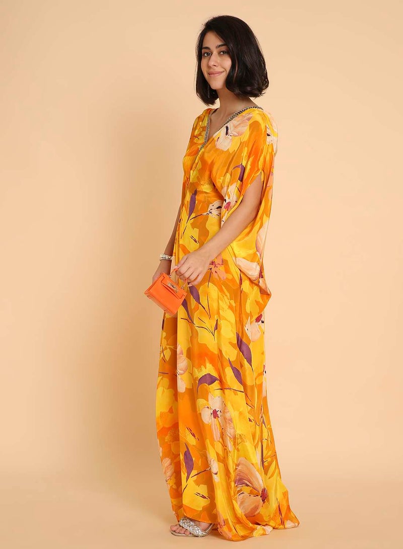 هانا آند سارا جلابية عربية صفراء زاهية بنقشة زهور - تصميم جلابية أنيق - Image 4