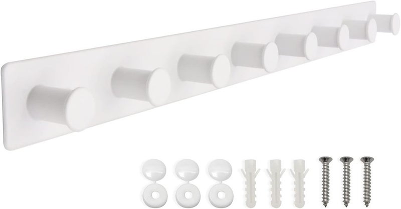 AJLTPA Coat Rack Wall Mount, White Coat Hooks Screw in, Stainless Steel Door Hooks for Hanging Hat Towels Clothes, Hook Rail with 8 Round Hangers (White, 8 Hooks) - Image 1