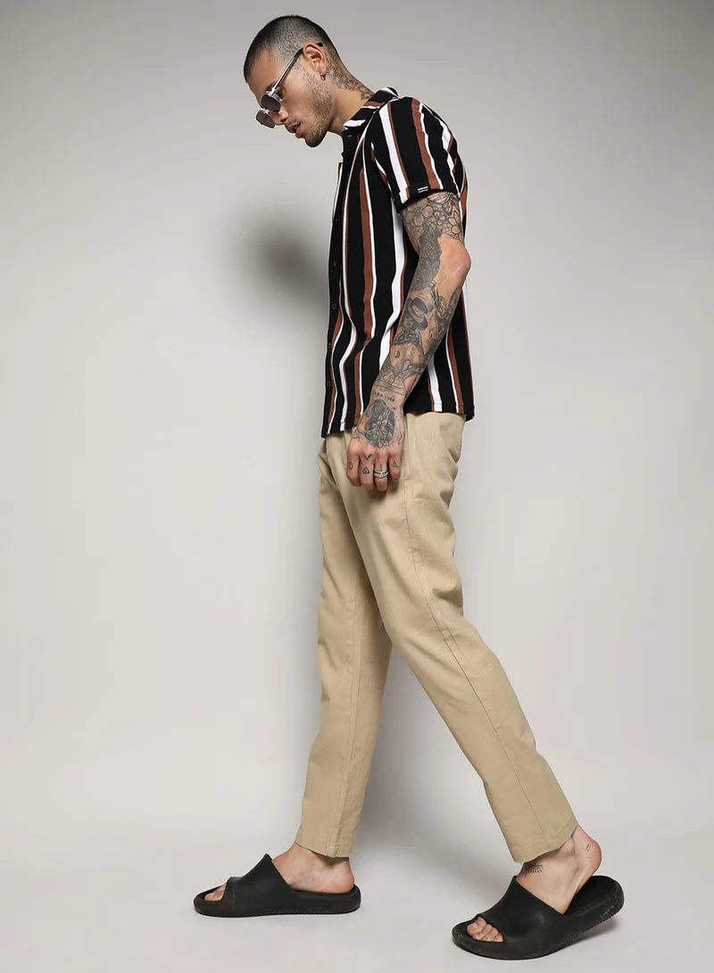 Campus Sutra Men's Black & Brown Barcode Striped Shirt