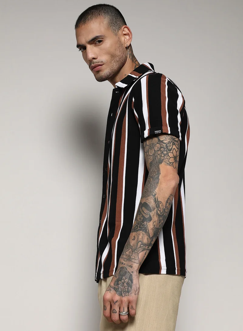 Campus Sutra Men's Black & Brown Barcode Striped Shirt