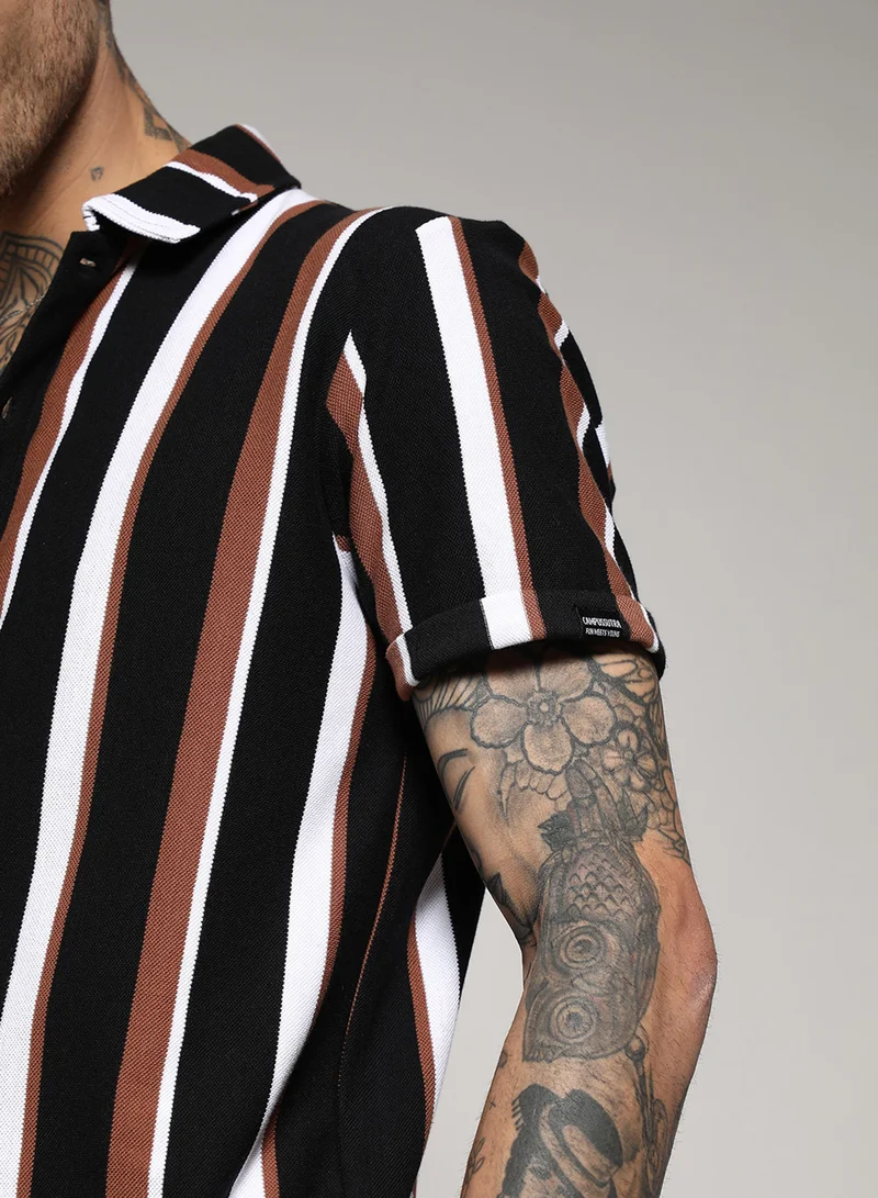 Campus Sutra Men's Black & Brown Barcode Striped Shirt