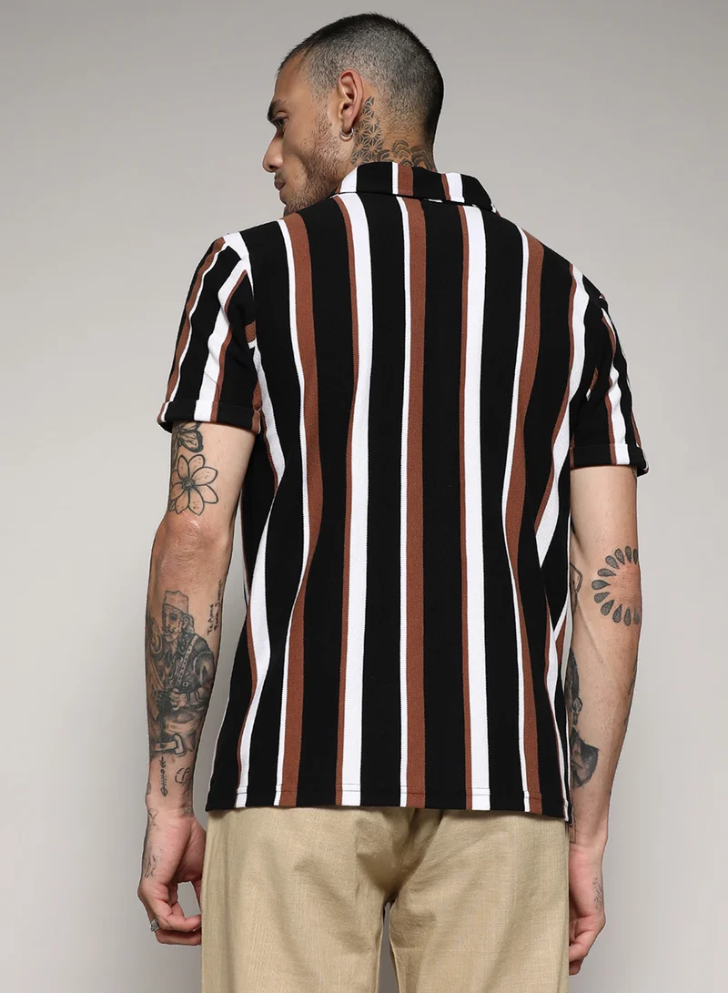 Campus Sutra Men's Black & Brown Barcode Striped Shirt