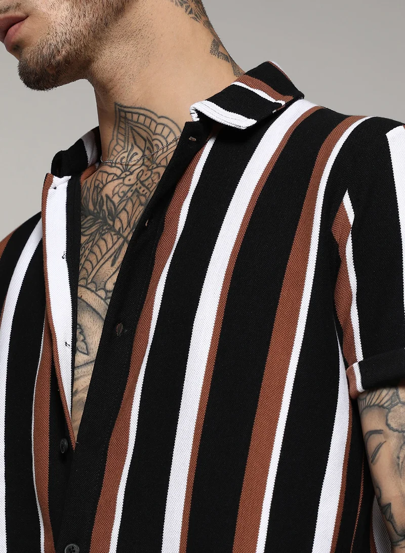 Campus Sutra Men's Black & Brown Barcode Striped Shirt