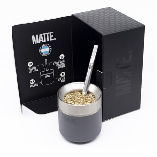 Matte 6.5 oz Yerba Mate Gourd and Bombilla Set - Includes DS Pro Box - BPA Free Yerba Mate Set Kit with Mate Straw, Elegant Design, Non-Slip Base (Grey) - Image 1