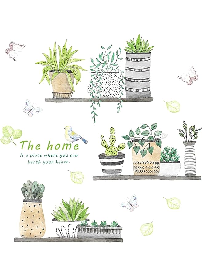 S-TOP Plant Wall Decals, 2 Set Wall Stickers for Bedroom Wall Art Decal Boho, Pastoral Fresh Plants Potted Wall Stickers Art Living Room Dormitory Bedroom Decorations Corridor Porch Self-adhesive Stickers - Image 1