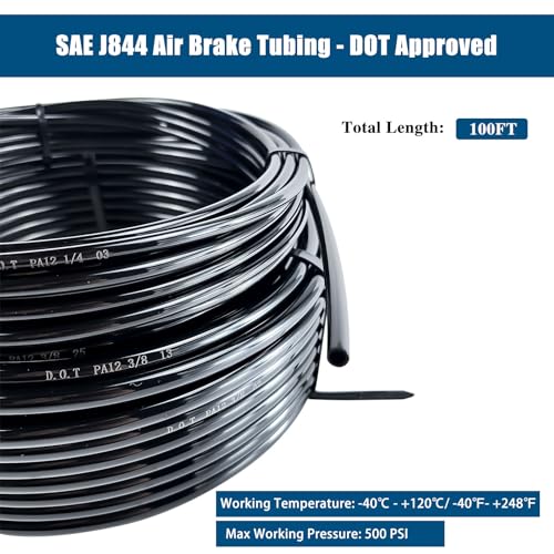 telfair 3/8" Black Nylon Air Line Tubing - 100 FT Air Hose, DOT Approved for Air Brake Tubing Suspension Or Fluid Transfer - Image 2