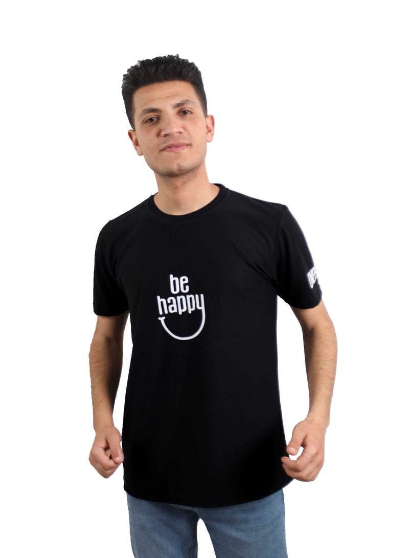 وان هاند تي شيرت قطن مطبوع "كن سعيد" كم قصير برقبه دائرية - اسود - Image 1